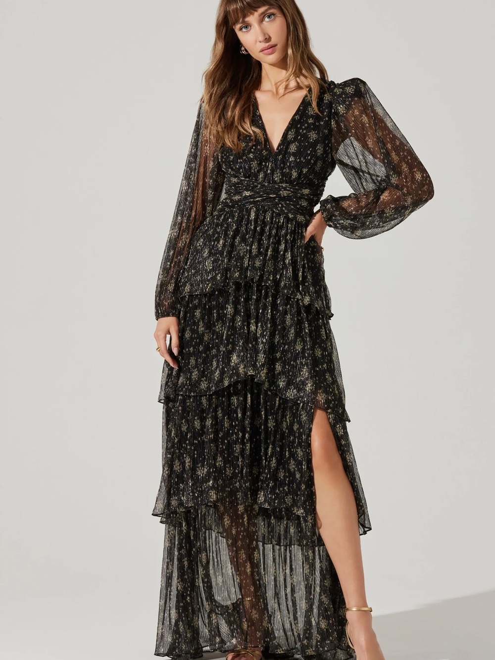 Black Floral Tiered V-Neck Maxi Dress - Picture 3 of 4